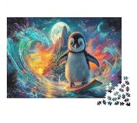 Puzzle Adults 1000 Pieces, Penguin Surfing Under Moonlight Wildlife, Impossible Hard Difficult Challenging, Home Decoration, Gift Men Women 70x50cm/1000pcs