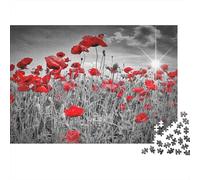 Puzzle Adults 1000 Pieces, Red Poppies Bloom in Monochrome Field Scenery, Impossible Hard Difficult Challenging, Home Decoration, Gift Men Women 70x50cm/1000pcs