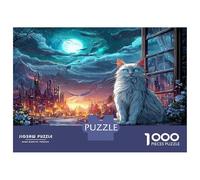 Puzzle Adults 1000 Pieces White Cat Over Moonlit City, Educational Games Home Decoration Pet Great Gift Adult 70x50cm/1000pcs