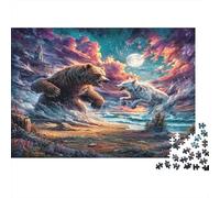 Puzzle Bear And Wolf Confront on Moonlit Coast for Adults 1000 Piece, Wildlife Jigsaw Gifts for Men Women Educational Games 38x26cm/1000pcs