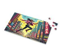 Puzzle Books For Adults Cityscape: Woman In Pink Jacket Soaring Above Neon-Lit Metropolis Picture Puzzle Puzzle 500 Pieces Puzzle Board(300PCS)