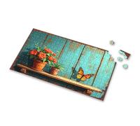 Puzzle Books For Adults Monarch Butterfly Resting On A Wooden Shelf With Potted Flowers Picture Puzzle Puzzles 500 Pieces Jigsaw(500PCS)