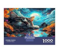 Puzzle Cat over Koi Pond & Moon Jigsaw for Adults 1000 Piece, Pet, Challenging for The Whole Family & Women, Gifts for Men 52x38cm/1000pcs