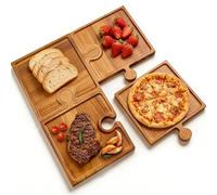 Puzzle Charcuterie Board Set of 4 - Wooden Serving Tray with Handle, Puzzle design, Can be Locked with Each Other for Meat, Cheese, Fruit, Snacks, Bread, Party Supplies,No storage