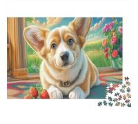 Puzzle Corgi Lies with Strawberries on Rug for Adults 1000 Pieces Pet Jigsaw Beautiful Decoration for Men Women Educational Games 38x26cm/1000pcs