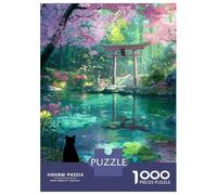 Puzzle De 1000 Pièces Pour Adolescents Black Cat at Shrine Cherry Blossom Pond Puzzles Pour Adultes - Jeu Manuel - Décoration Intérieure - Cadeaux Uniques Pour Anniversaire Et Noël 52x38cm/1000pcs