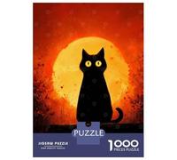 Puzzle De 1000 Pièces Pour Adolescents Black Cat Silhouette with Orange Moon Puzzles Pour Adultes - Jeu Manuel - Décoration Intérieure - Cadeaux Uniques Pour Anniversaire Et Noël 70x50cm/1000pcs
