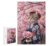 Puzzle for Adults 1000 PCS Cat in Kimono with Cherry Blossoms Adult Jigsaw Puzzles Hand Speed Race Parent-child Interaction Deal As Gifts for The Whole Family 1000 PCS