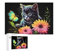 Puzzle for Adults 1000 PCS Neon Kitten with Flowers And Butterfly Puzzle for Adults Brain Teaser Game Difficult Challenge for Is Ideal As A Gift 1000 PCS
