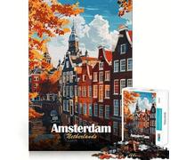 Puzzle for Adults 1000 Pieces Amsterdam Netherlands Autumn Cityscape Illustration Clean Fit Decor Brain Teasing Play Cozy Time Play Birthday Decor Gift (38x26cm)