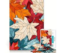 Puzzle for Adults 1000 Pieces Autumn Leaves Stained Glass Pattern Sharp Joint Play Mental Challenge Toy Calm Fun Time Christmas Home Art (38x26cm)
