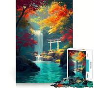 Puzzle for Adults 1000 Pieces Autumn Waterfall with Torii Gate Sharp Joint Play Mental Challenge Toy Calm Fun Time Christmas Home Art (38x52cm)