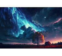 Puzzle for adults 1000 pieces Blue meteors move over the grassland in the starry sky Mj444TY 38x52cm