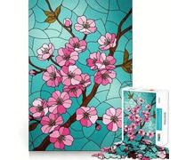 Puzzle for Adults 1000 Pieces Cherry Blossoms Stained Glass Style Illustration Fine Cut Art Brain Boosting Play Quiet Time Game Xmas Leisure Gift (50x75cm)