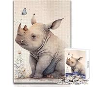 Puzzle for Adults 1000 Pieces Cute Baby Rhino Painting Brainteaser Family Games Birthday Present Secret Santa Gifts Size 38x26cm