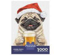 Puzzle for Adults 1000 Pieces Happy Pug in Santa Hat with Beer Jigsaw Puzzle Toy Wall Decor Birthday Present Unique Gifts for Birthday And Christmas 38x26cm/1000pcs