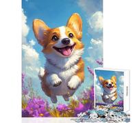 Puzzle for Adults 1000 Pieces Joyful Corgi Leap Practical Game Stress Reliever Toy Wall Decor Artists Collection, Fine Art (38X26cm)