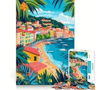Puzzle for Adults 1000 Pieces Mediterranean Coastal Town Palm Trees Abstract Minimalist Art Illustration Exact Edge Art Mental Exercise Fun Quiet Play Game Birthday Activity (50x75cm)
