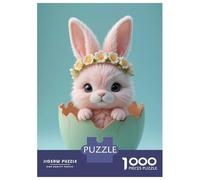 Puzzle for Adults 1000 Pieces Pink Easter Bunny in Mint Eggshell with Spring Floral Crown Adult Jigsaw Brain Teaser Game Staycation Kill Time Parent-child Interaction 52x38cm/1000pcs