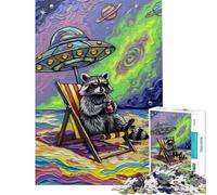 Puzzle for Adults 1000 Pieces Raccoon Beach Vacation Under UFO Puzzle for Adults Toy Wall Decor Pattern Assembly Parent-child Interaction (Size 50x75cm)