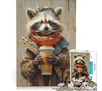 Puzzle for Adults 1000 Pieces Raccoon Drinking Coffee Relaxing Games Fun Activities at Home with Matching Poster And Trivia Sheet 38x52cm