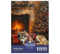Puzzle for Adults 1000 Pieces Sleeping Husky Dog by Fireplace Christmas Scene Jigsaw for Adults Family Games Home Decoration Unique Gifts for Birthday And Christmas 52x38cm/1000pcs