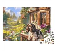 Puzzle for Adults 1000 Pieces, Spaniel Lies by Wooden House, Pet, Impossible Hard Difficult Challenging, Home Decoration, Gift for Men & Women 70x50cm/1000pcs