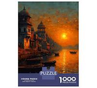 Puzzle for Adults 1000 Pieces Sunset over Ganges River with Boats Adult Jigsaw Brain Teaser Game Staycation Kill Time Parent-child Interaction 38x26cm/1000pcs