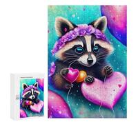 Puzzle for Adults 300 PCS An Adorable Raccoon Holding A Heartshaped Balloon on A String, It Is Raining Hearts, Rose Adult Jigsaw Puzzles Hand Speed Race Parent-child Interaction Deal As Gifts for The