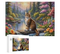 Puzzle for Adults 300 PCS Nature's Serenity Cat by The Stream Puzzle for Adults Brain Teaser Game Difficult Challenge for Is Ideal As A Gift 300 PCS