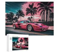 Puzzle for Adults 300 PCS Pink Sports Car on Tropical Beach Puzzle for Adults Brain Teaser Game Difficult Challenge for Is Ideal As A Gift 300 PCS
