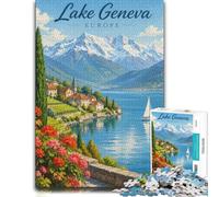 Puzzle for Adults Lake Geneva Europe Travel Poster 1000pcs (38x26cm) Gift | For puzzle time at home, this adult jigsaw puzzle with 1000 pieces fits quiet evenings and weekends.