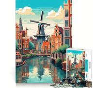Puzzle for Teenagers 1000 Pieces Amsterdam Windmill Travel Premium Cut Fun Smart Play Gift Easy Time Play Christmas Art Piece (38x52cm)