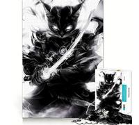 Puzzle for Teenagers 1000 Pieces Black Abyssinian Cat Samurai Animal Flawless Fit Art Cognitive Play Gift Slow Game Play Xmas Art Gift (38x26cm)