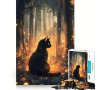 Puzzle for Teenagers 1000 Pieces Black Cat in Magical Forest Exact Edge Art, Focus Game Gift, Cozy Time Game, Xmas Scene Art (38x52cm)