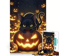 Puzzle for Teenagers 1000 Pieces Black Cat on Halloween Pumpkin Patch Premium Edge Art, Mental Focus Game, Downtime Play Fun, Xmas Art Gift (38x52cm)