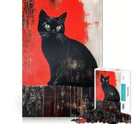 Puzzle for Teenagers 1000 Pieces Black Cat on Red Background Exact Edge Art, Focus Game Gift, Cozy Time Game, Xmas Scene Art (38x26cm)