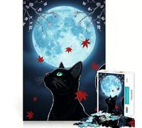 Puzzle for Teenagers 1000 Pieces Black Cat Under Moonlight with Maple Leaves Premium Edge Art, Mental Focus Game, Downtime Play Fun, Xmas Art Gift (50x75cm)
