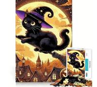 Puzzle for Teenagers 1000 Pieces Black Cat Witch on Broom Exact Edge Art, Focus Game Gift, Cozy Time Game, Xmas Scene Art (50x75cm)