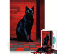 Puzzle for Teenagers 1000 Pieces Black Cat with Red Tile Background Exact Edge Art, Focus Game Gift, Cozy Time Game, Xmas Scene Art (38x52cm)