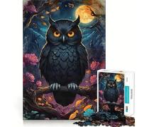 Puzzle for Teenagers 1000 Pieces Black Owl Under Full Moon Exact Edge Art, Focus Game Gift, Cozy Time Game, Xmas Scene Art (38x52cm)
