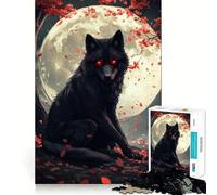 Puzzle for Teenagers 1000 Pieces Black Wolf Under Full Moon Exact Edge Art, Focus Game Gift, Cozy Time Game, Xmas Scene Art (50x75cm)