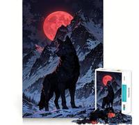 Puzzle for Teenagers 1000 Pieces Black Wolf Under Red Moon Exact Edge Art, Focus Game Gift, Cozy Time Game, Xmas Scene Art (38x26cm)