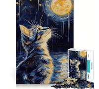 Puzzle for Teenagers 1000 Pieces Cat Gazing at The Moon Flawless Edge Fun Mental Skill Game Quiet Fun Play Birthday Art Play (50x75cm)