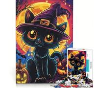 Puzzle for Teenagers 1000 Pieces Halloween Witch Cat, Brain Teaser Game, Fun at Home Activities, Presents for Women 38X26CM