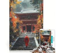 Puzzle for Teenagers 1000 Pieces Monk Ascending Temple Steps in Autumn DIY Toys Enhance Memory with Matching Poster And Trivia Sheet 38x52cm