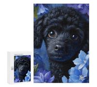 Puzzle for Teenagers 300 PCS Black Poodle with Blue Flowers Jigsaw Puzzles for Adults Pattern Assembly Fun Activities at Home Challenging Game Toys 300 PCS