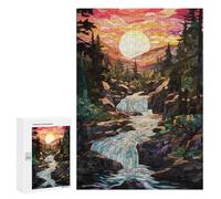 Puzzle for Teenagers 300 PCS Stained Glass Waterfall Sunset Jigsaw Puzzles for Adults Pattern Assembly Fun Activities at Home Challenging Game Toys 300 PCS