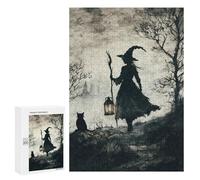 Puzzle for Teenagers 300 PCS Witch And Black Cat in Foggy Forest Jigsaw Puzzles for Adults Pattern Assembly Fun Activities at Home Challenging Game Toys 300 PCS