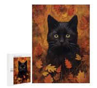 Puzzle for Teenagers 500 PCS Autumn Leaves Black Cat Art Print-1 Jigsaw Puzzles for Adults Pattern Assembly Fun Activities at Home Challenging Game Toys 500 PCS
